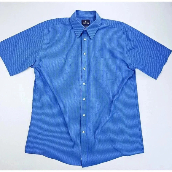 Stafford Regular Fit Size 17 Men's Blue White Pin Stripe Short Sleeve Easy Care - Picture 1 of 9